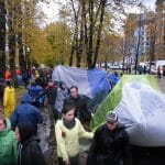 Moving tents.