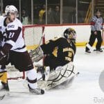 miss."   their feline opponents. After bat-  Goalie Wendell Vye denied 29 shots in Dal's win Jan. 20. Photo by Martina Marien