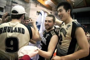 Dal - UNB 2 It's a return to AUS supremacy for graduating seniors Travis MacLean, middle, and Daniel You, far right. Photo by Andrew Meade via the Brunswickan