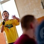 Jamie Arron grabs a mic during O-Week
