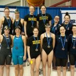 Dal won gold in the 4x100 metre freestyle relay. Middle four, clockwise from top left, Mary Claire Lynch, Michelle Campbell, Ceilidh MacPherson, Molly Wedge. (Photo by Shelley Ebbett via UPEI Athletics)
