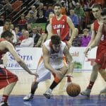 Sean McCormick, middle, had nine points and five steals in Cape Breton's victory. (Shauna Brown photo)