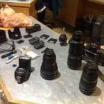 Chris Parent's found photo gear laid on the SUB front desk. (Photo by Ian Froese)