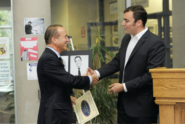 John McCall MacBain (left) meets with David Taylor, a MacBain scholarship recipient. Photo supplied by Dal Media Centre.