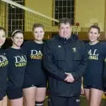 Dal volleyball stars, from left, Hilary Sears, Tara-Lynn Truant, Maggie Powers, coach Rick Scott, Louise Facca and Raeesa Lalani. (David Munro photo)