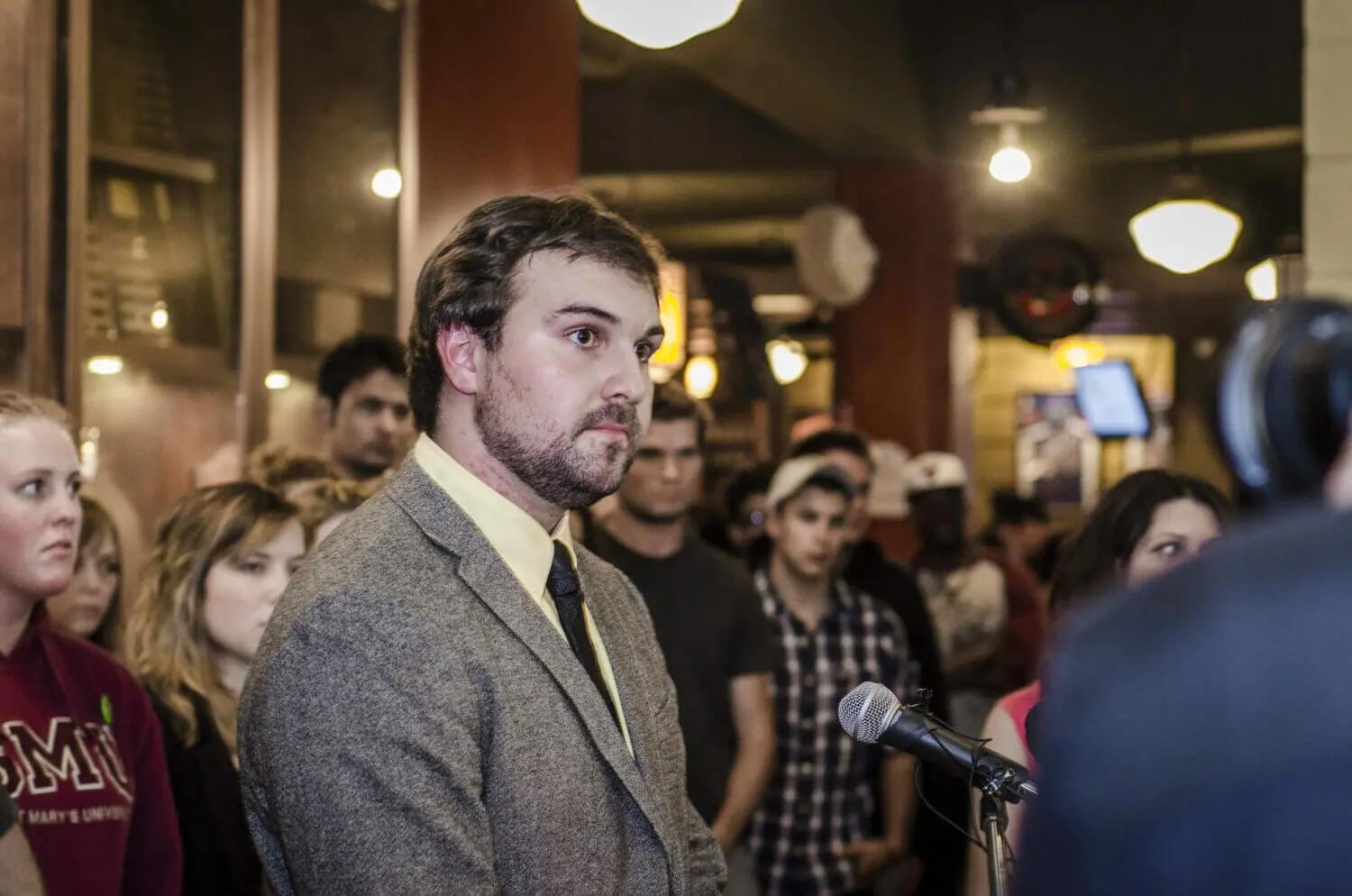 SMUSA president Jared Perry addresses the press on September 5 before stepping down the next day. He participated in the chant. (Calum Agnew photo)
