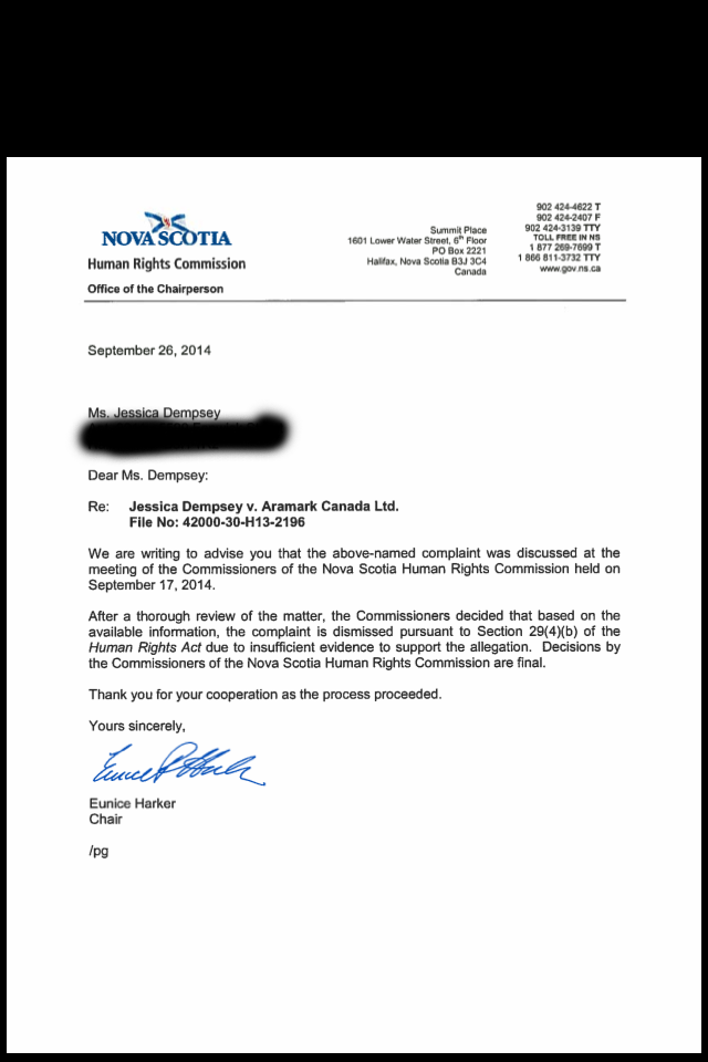 This letter was received by Jessica Dempsey on Oct. 1, 2014.