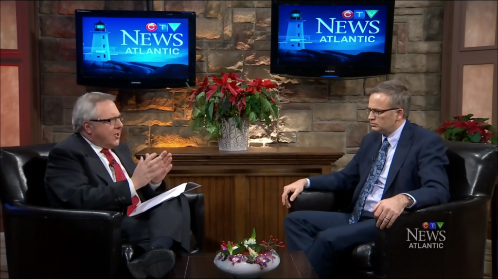 Dalhousie president Richard Florizone, right, spoke with CTV news anchor Steve Murphy, left, on Dec. 18. (Screenshot from CTV)