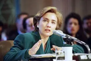 First Lady Hillary Rodham Clinton testifies before the Senate Finance Committee on Capitol Hill on health care reform in Washingtonn Thursday, Sept. 30, 1993. In twelve hours of testimony over three days, many lawmakers said Mrs. Clinton’s solo turns at their witness tables gave government a good name. (AP Photo/John Duricka)