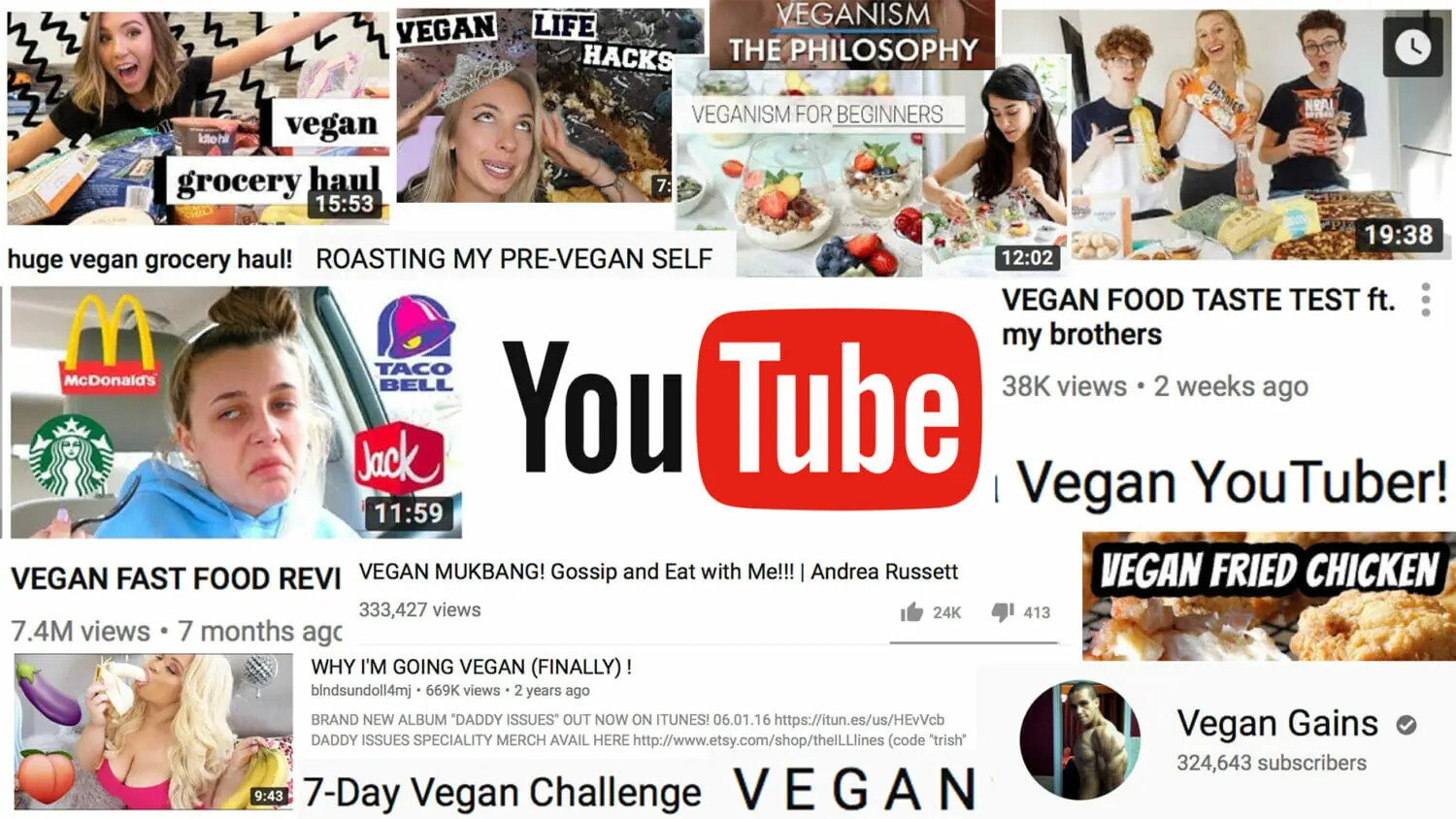 In this image: collage of Vegan YouTube video thumbnails.