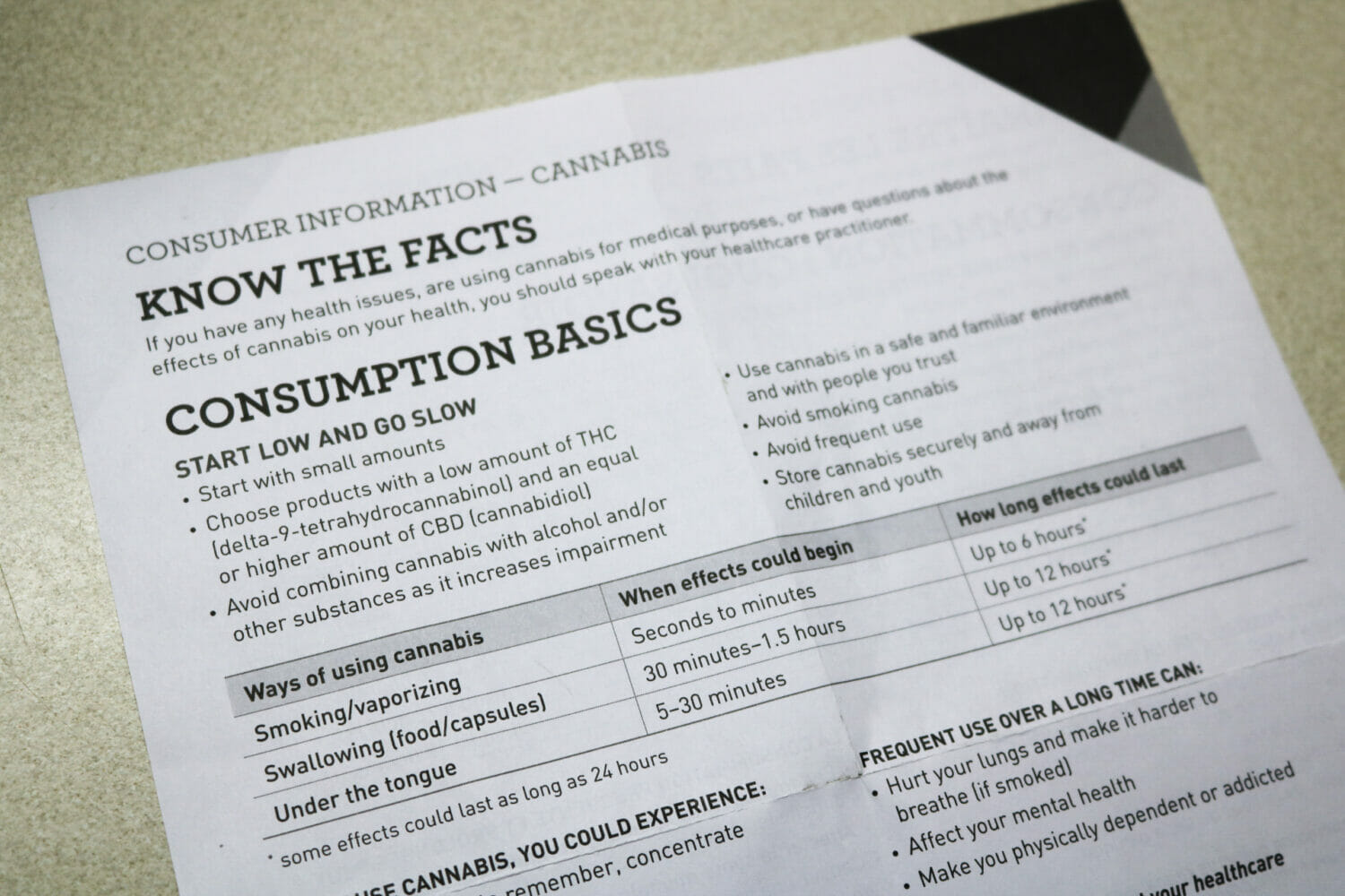 A cannabis "Know the Facts" flyer.