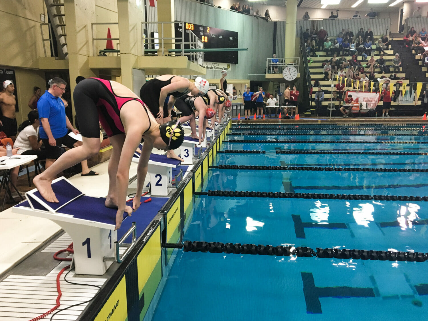 Female swimmers preparing to dive.