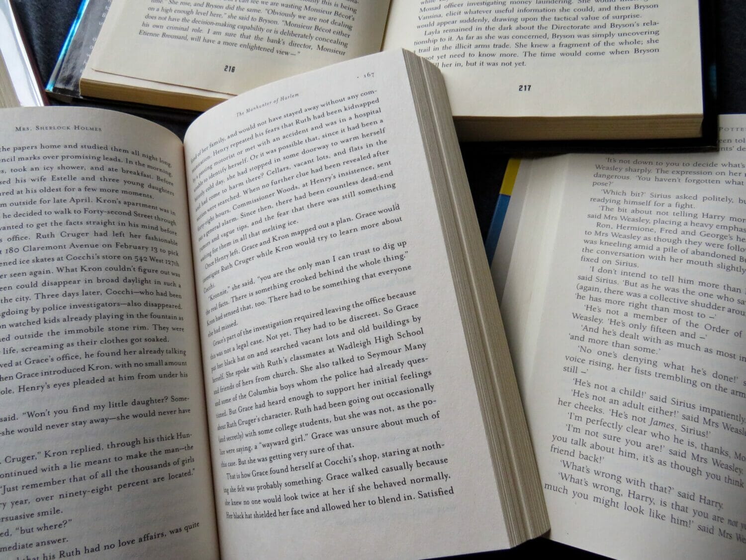 In this image: a pile of open books.