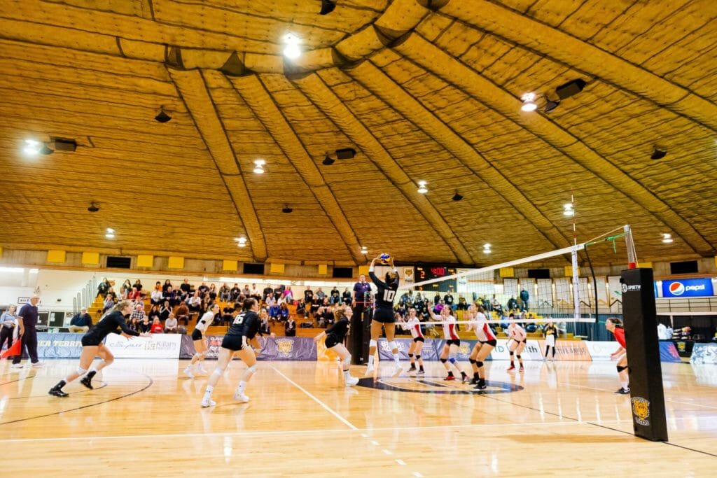In this image: a volleyball game against Dalhousie and Acadia.