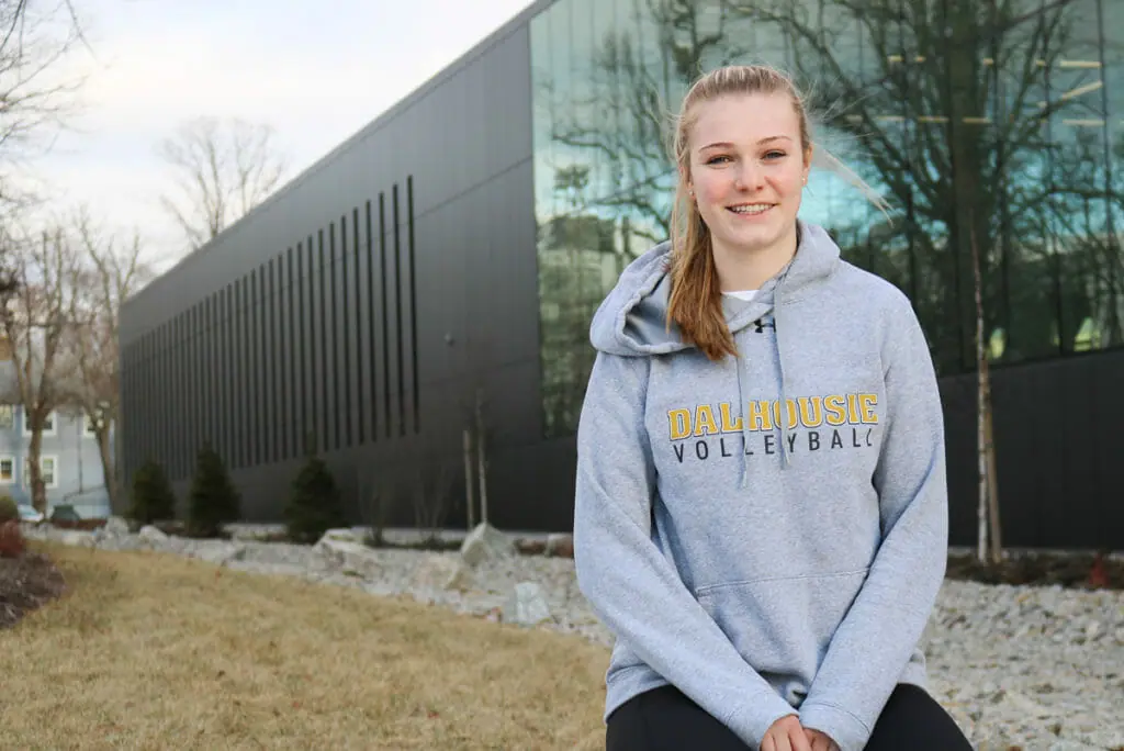 In this image: Mieke DuMont in front of the Dalplex.