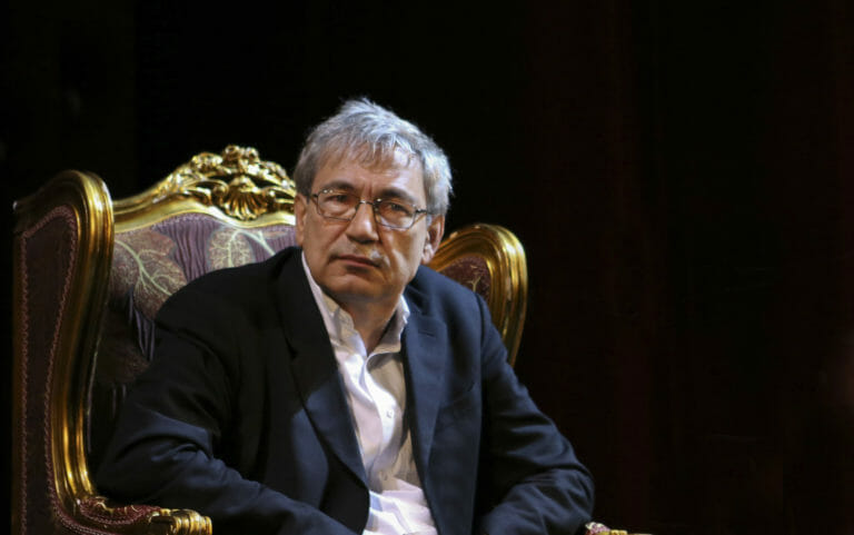 In this image: midshot of Orhan Pamuk.
