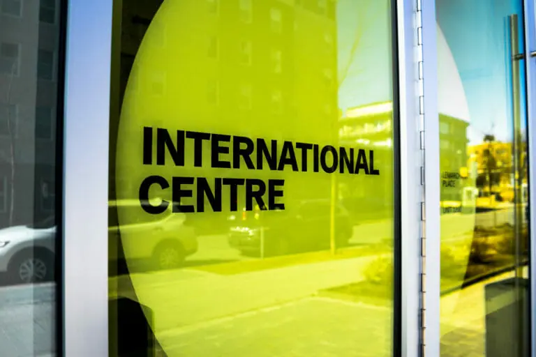 In this image: The sign of Dalhousie's International Centre.