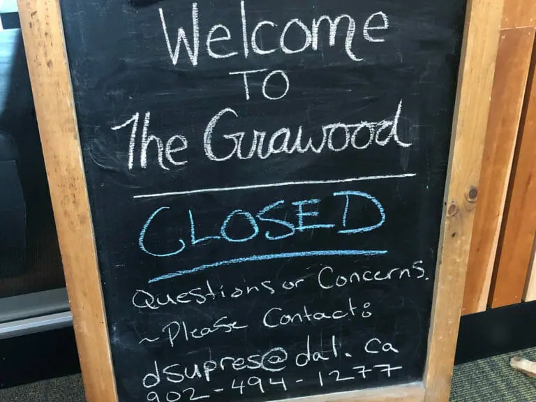 In this image: An easel stating The Grawood is closed.