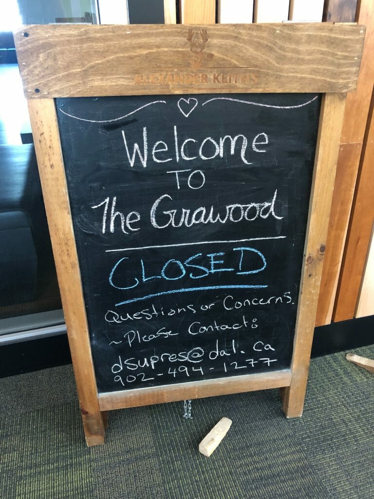 In this image: An easel stating The Grawood is closed.