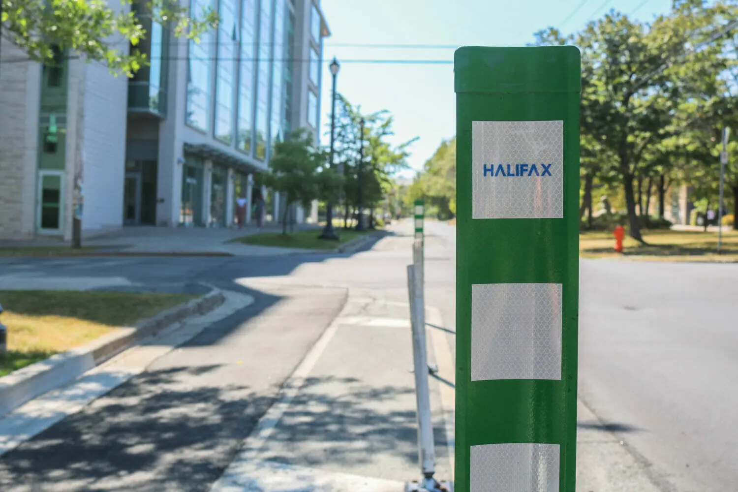 In this image: A close-up of one of the new green barriers on bike lanes.