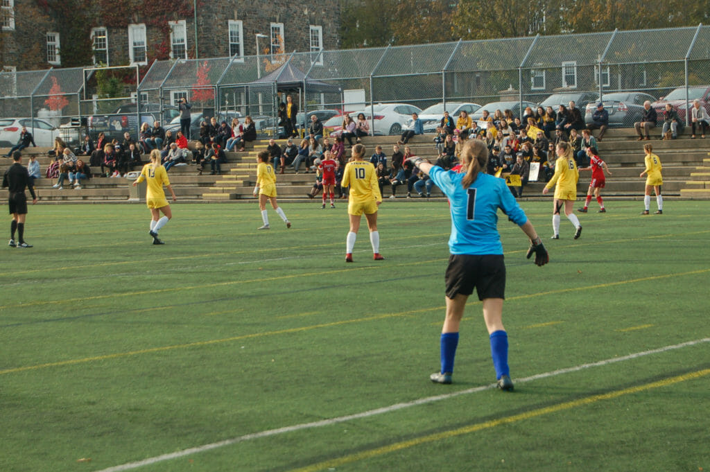 In this image: A women's soccer game at Dalhousie University.