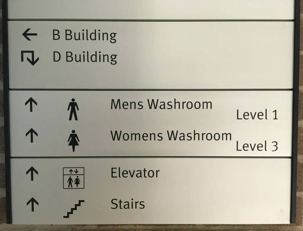 In this image: A directory in the B-Building showing the men's washroom on level 1 and the women's washroom on level 3.