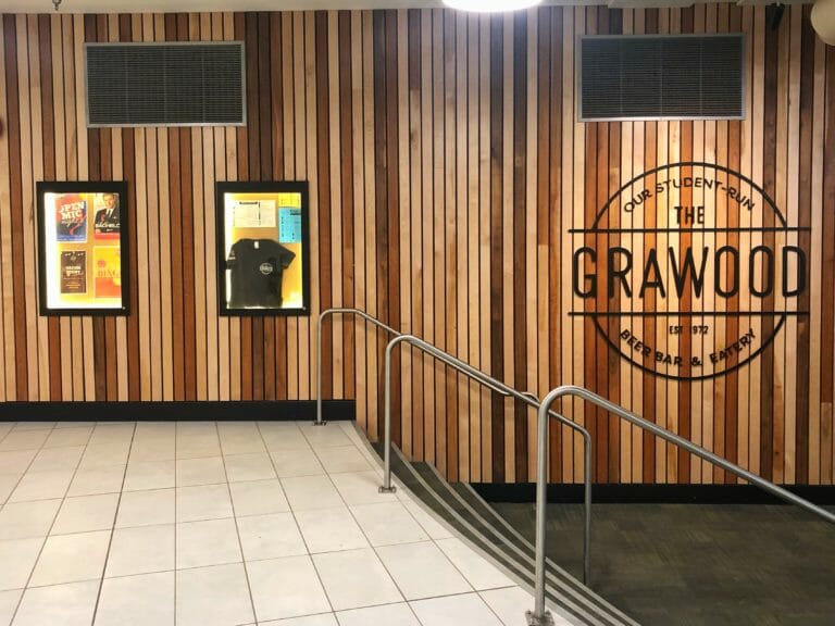 In this image: The outside of the Grawood.