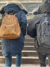 In this image: The backs of two people wearing winter coats and backpacks.