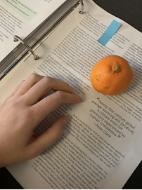 In this image: A person has their hand on an open binder.