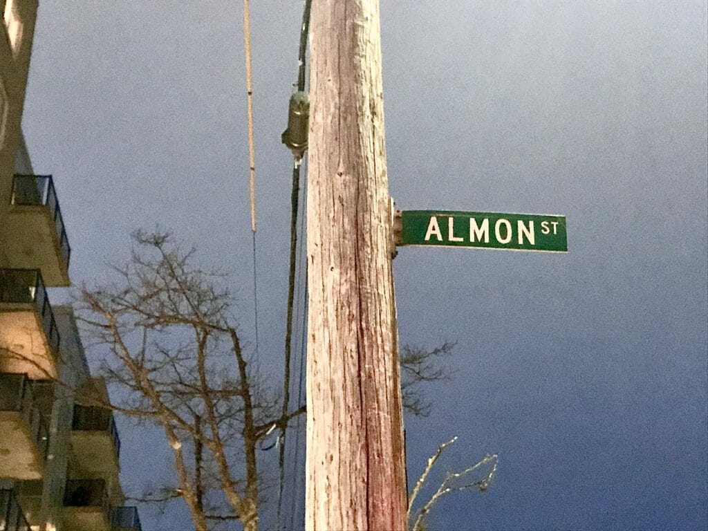 In this image: Almon Street's street sign.