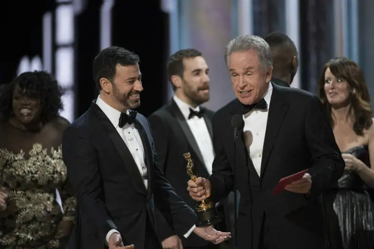 In this image: Jimmy Kimmel and Warren Beatty announce Moonlight as the Best Picture winner.