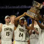 AUS basketball Shamar Burrows and Jordan Wilson holding trophy
