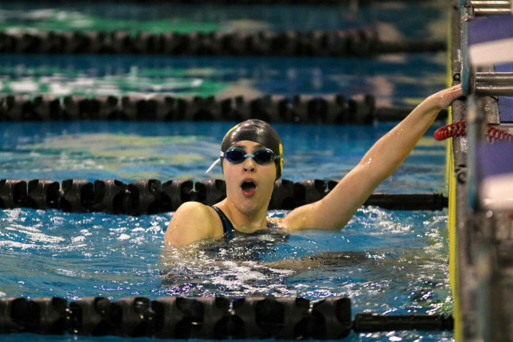 In this image: Isabel Sarty right after winning the 100m freestyle.