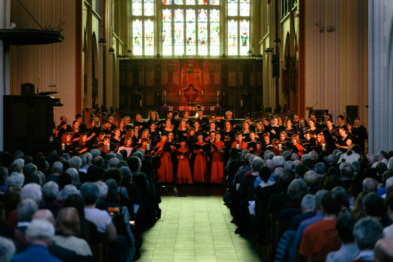 In this image: The King's Chorus performing at St. Mary's Basilica.