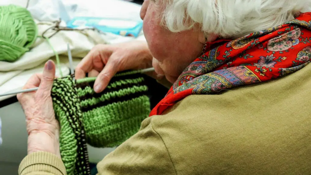In this image: A participant works on their latest knitting project.