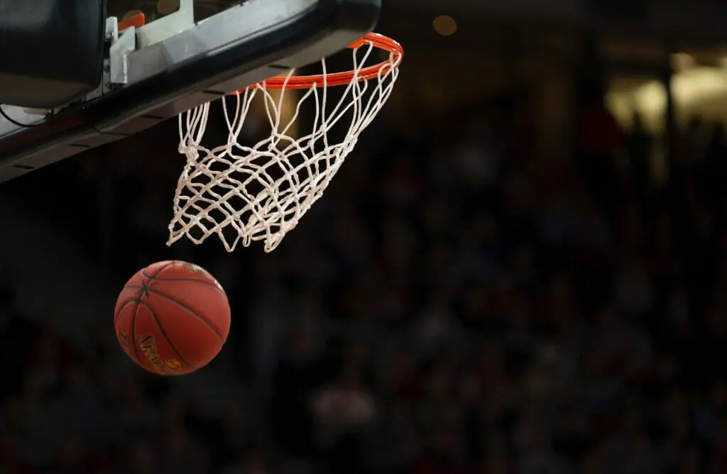In this image: a basketball and hoop