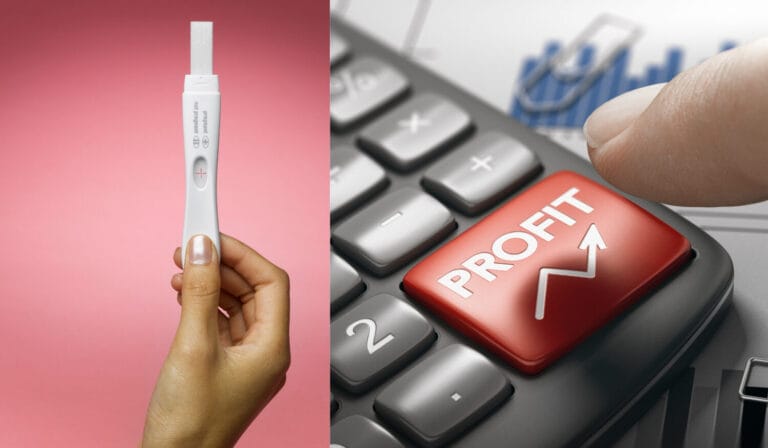A pregnancy test is juxtaposed with a button, on which is printed “profit” and an upward facing arrow. The bodily autonomy of women is still under attack after all of history.