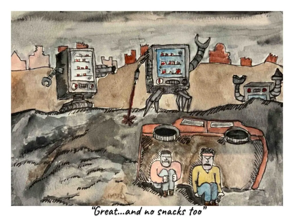 Two humans huddle for shelter behind rubble. In the background, evil vending machines stalk a ruined city.