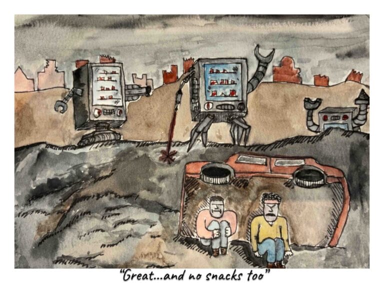 Two humans huddle for shelter behind rubble. In the background, evil vending machines stalk a ruined city.