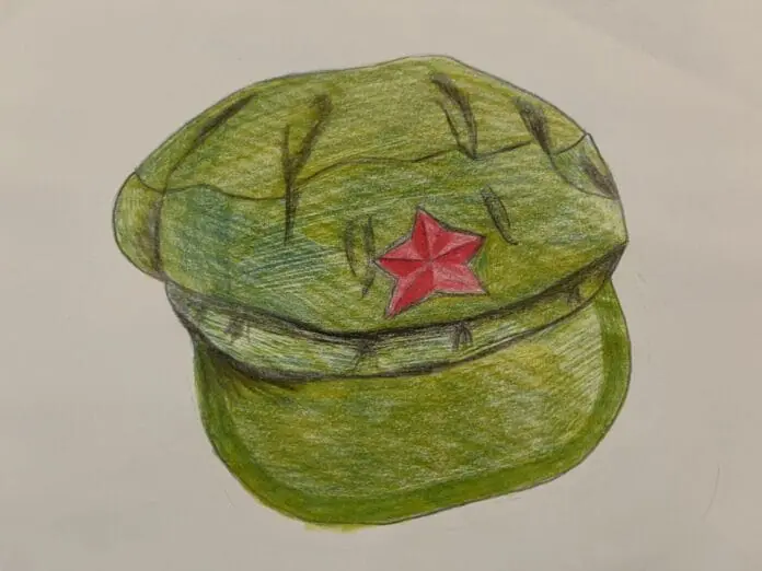 A green cap with a red star, drawn by Mandy King