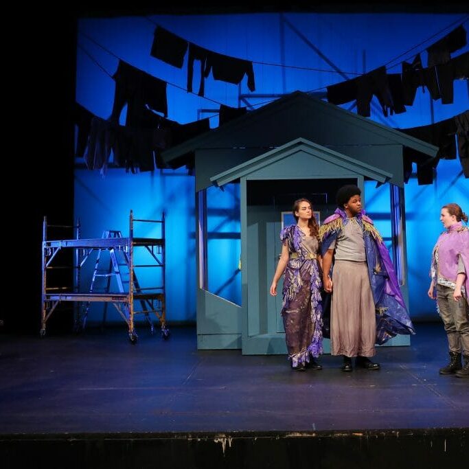 01 Michael Kamras as Lysander, Samantha Thompson as Hippolyta, Nathan Simmons as Theseus, Brittany Wuytenburg as Egeus, & Sam Vigneault as Demetrius on stage for A Midsummer Night's Dream at the James Dunn Theatre.