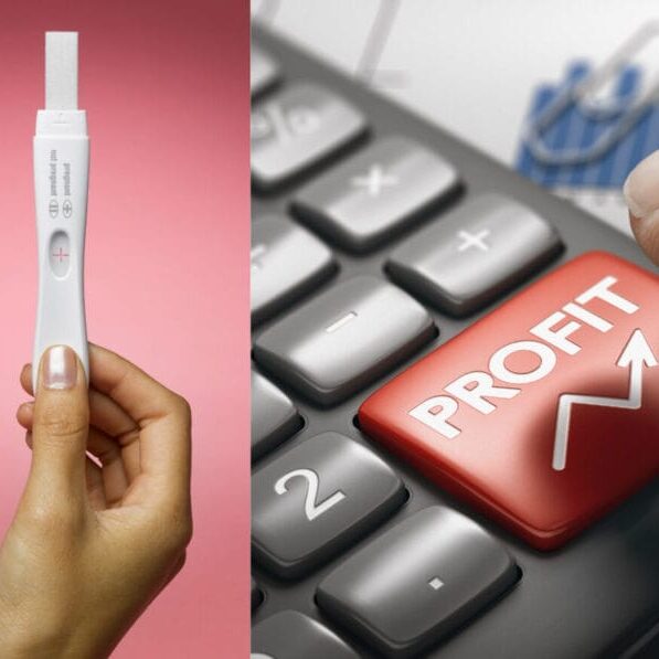 A pregnancy test is juxtaposed with a button, on which is printed “profit” and an upward facing arrow. The bodily autonomy of women is still under attack after all of history.
