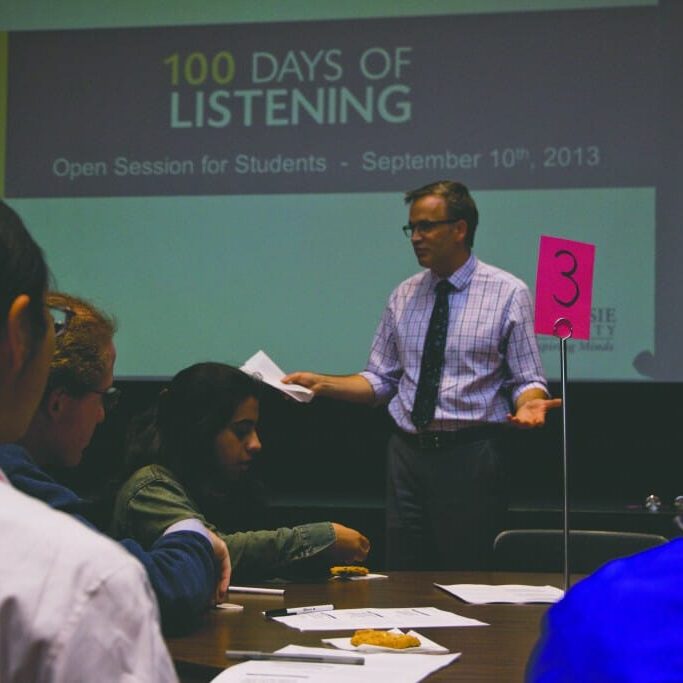Dr. Richard Florizone speaks to those few in attendance (photo by Bryn Karcha)