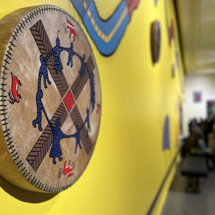 5MikmawStorytellers_KristaCollier-Jarvis One of Alan Syliboy’s drums on display at the Dalhousie Art Gallery, 2024. (Image credit: Krista Collier-Jarvis).