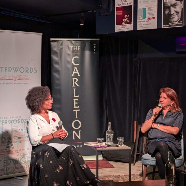 Journalist Elizabeth Renzetti in conversation with CBC Radio host Portia Clark at the Afterwords Literary Festival at The Carleton in Halifax, Nova Scotia on Nov. 10, 2024. Renzetti discusses her work on gender and equality issues and her current book, What She Said: Conversations About Equality. (Image credit: V. Patterson)