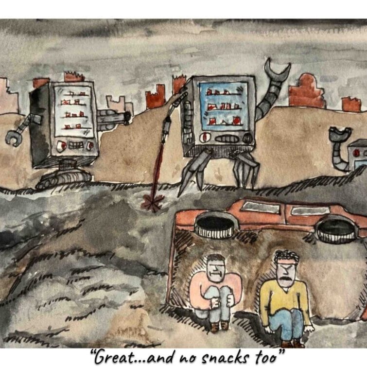 Two humans huddle for shelter behind rubble. In the background, evil vending machines stalk a ruined city.