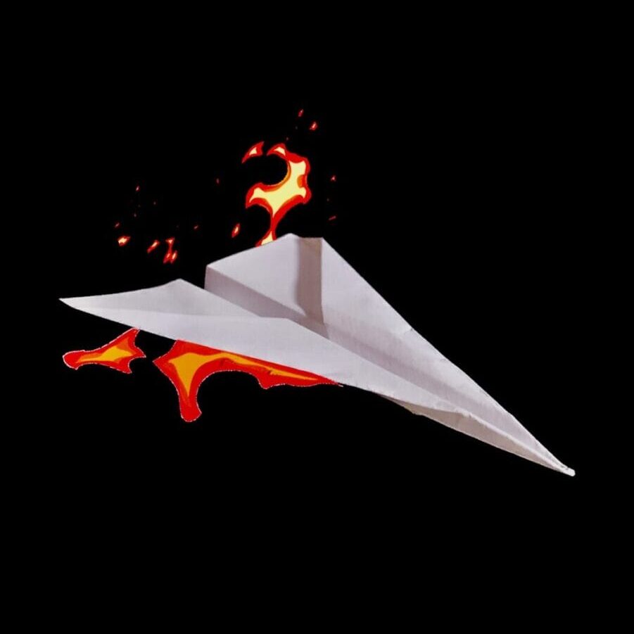 A paper airplane on fire. The irresponsible use of private air travel is worsening the climate crisis for the sake of a few peoples’ convenience.