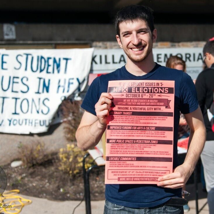 Matt Glynn, seen here outside the Killam, has been campaigning all across Halifax. 