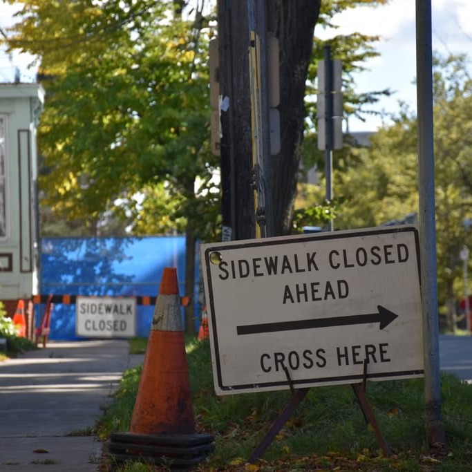 Signs and pylons mark a road closure on Seymour Street. (Bethany Poltl/The Dalhousie Gazette)
