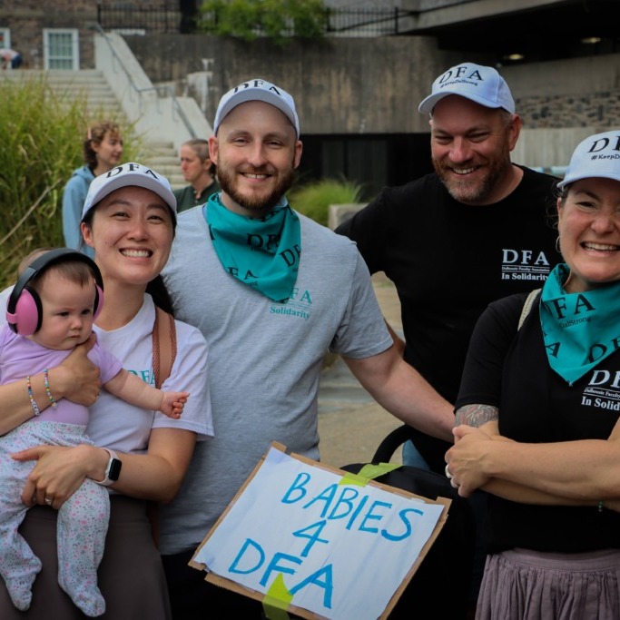 DFA members and their families rally for a collective agreement at Dalhousie University in Halifax, N.S., on Sept. 5, 2025. (Lukas Kohler/The Dalhousie Gazette)